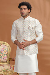 Off White Silk Embroidered Sequin Kurta Pajama with Jacket
